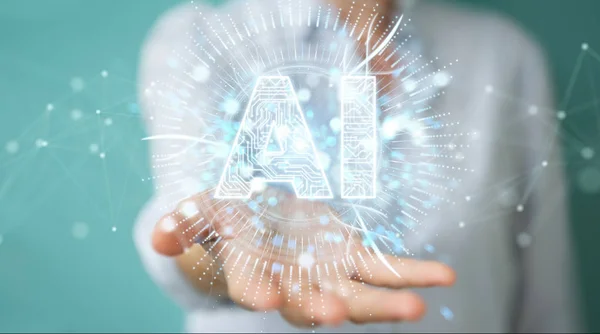 İşkadını dijital yapay zeka simgesi hologram 3B oluşturmayı kullanarak arka plan bulanık üzerinde