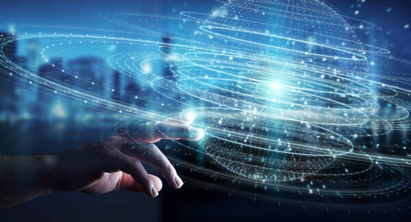 Businessman on blurred background using digital sphere connection hologram 3D rendering