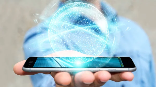携帯電話 レンダリングでデジタル ネットワーク接続球を使用して背景をぼかした写真の実業家 — ストック写真