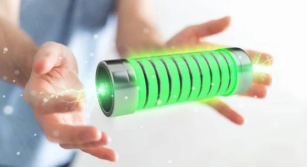 生意人在模糊的背景使用绿色电池与闪电3D — 图库照片