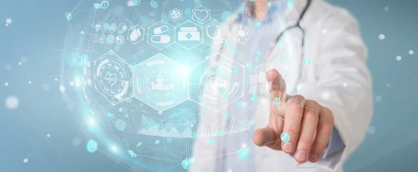 Läkare Suddig Bakgrund Med Digital Medicinsk Futuristiska Gränssnitt Rendering — Stockfoto