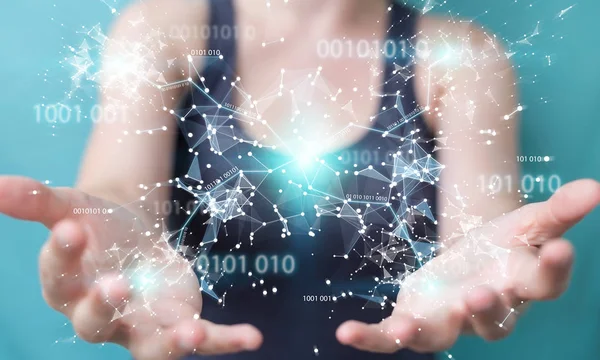 Businesswoman Blurred Background Using Digital Binary Code Connection Network Rendering — Stock Photo, Image