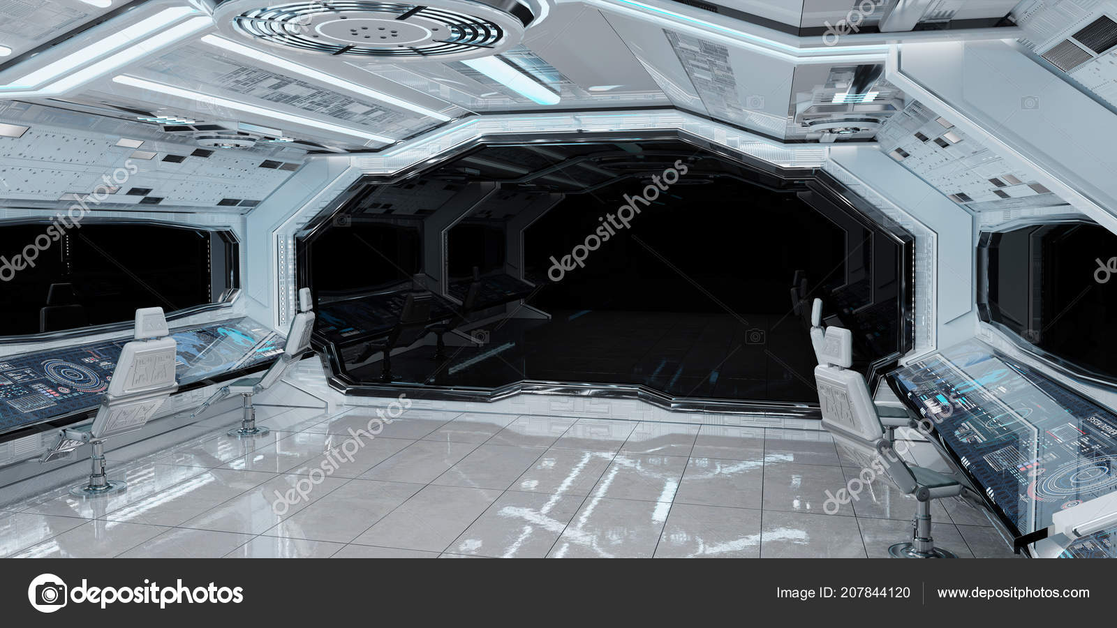 White Clean Spaceship Interior Black Background Rendering