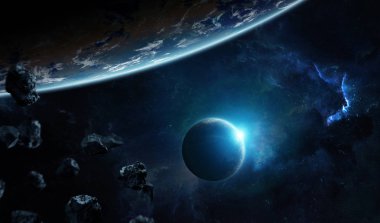 Güneş doğarken dış gezegenlerle uzaydaki uzak gezegen sistemi NASA tarafından desteklenen bu görüntünün elementlerini oluşturur.