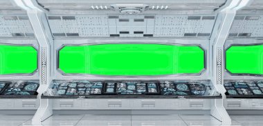 Beyaz temiz uzay gemisi iç yeşil arka planlı 3d render