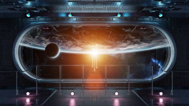 Siyah teknoloji uzay pencere iç gezegende manzaralı yuvarlak Earth 3d işleme öğeleri Nasa tarafından döşenmiş bu görüntünün