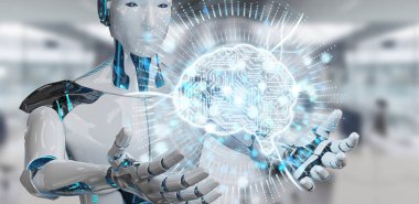 Dijital yapay zeka simgesi hologram 3B oluşturmayı kullanarak bulanık arka plan üzerinde beyaz insanımsı