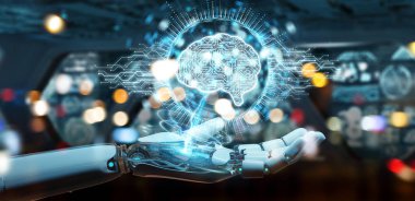 Beyaz insansı el dijital yapay zeka simgesi hologram 3B oluşturmayı kullanarak arka plan bulanık üzerinde