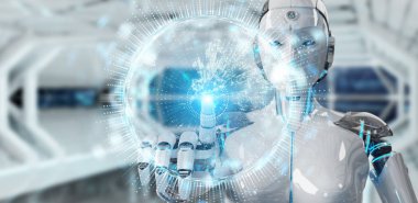 Dünya ağ hologram Avrupa ile harita 3B oluşturmayı kullanarak arka plan bulanık beyaz insansı kadınlarda