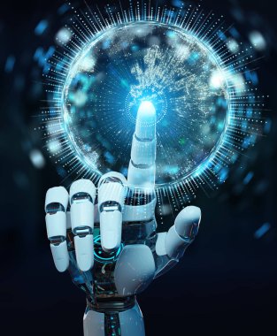 Dünya ağ hologram Europe harita 3d rendering ile kullanarak arka plan bulanık beyaz insansı el