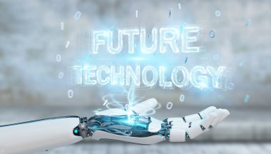 Beyaz robot el geleceğin teknolojisi metin hologram 3B oluşturmayı kullanarak arka plan bulanık üzerinde