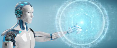 Dijital küre bağlantısı hologram 3B oluşturmayı kullanarak arka plan bulanık beyaz robot