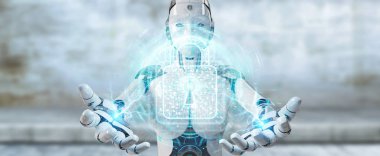 Dijital veriler 3B oluşturmayı güvence arka plan bulanık beyaz kadın robot