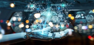 Beyaz insansı el bulanık arka plan dijital dünya hud arabirimi 3d işleme kullanarak