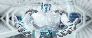 Dijital grafik arabirimi 3d rendering kullanarak bulanık arka plan üzerinde beyaz erkek cyborg