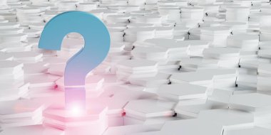 Beyaz mavi pembe soyut soru simgesi altıgenler arka planda 3d render