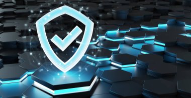 Altıgen yanarak bahislerin doğru arka plan 3d render üzerinde siyah mavi soyut kalkan kutsal kişilerin resmi