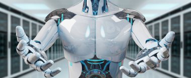 Onun iki açılış beyaz erkek cyborg sunucu arka plan 3d render eller