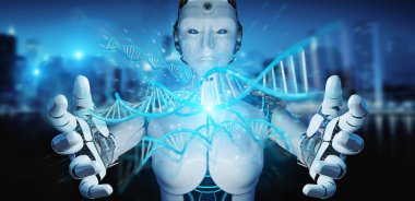 İnsan DNA'sı 3d render tarama bulanık arka plan üzerinde beyaz kadın cyborg