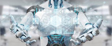 Dijital veriler arabirimi 3d rendering kullanarak bulanık arka plan üzerinde beyaz erkek cyborg