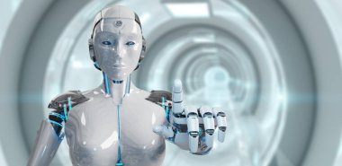 Beyaz kadın robot uzay arka plan 3d render onun parmak işaret