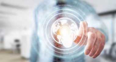 İşadamı hologramlar veriler 3d render ile dijital ekranlar arabirimini kullanarak arka plan bulanık üzerinde