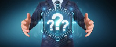 İşadamı üzerinde soru işaretleri dijital arabirimi 3d rendering kullanarak arka plan bulanık