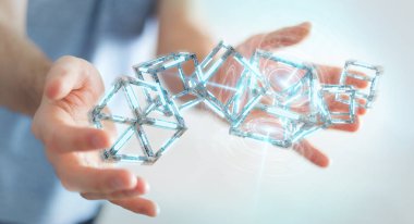 Dijital mavi Blockchain 3d render kullanarak arka plan bulanık üzerinde işadamı