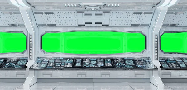 Белый Чистый Интерьер Космического Корабля Зеленым Фоном Рендеринг — стоковое фото