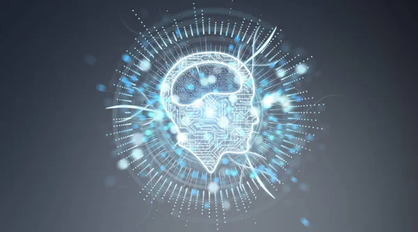 Digital Artificial Intelligence Icon Hologram Blue Grey Background Rendering — Stok Foto