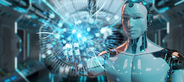 White Cyborg Blurred Background Using Digital Eye Surveillance Hologram Rendering — Stock Photo, Image