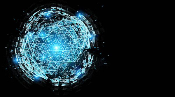 Digital triangle exploding sphere hologram on black background 3D rendering