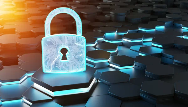 Siyah mavi turuncu soyut asma kilit simgesi altıgenler arka planda 3d render