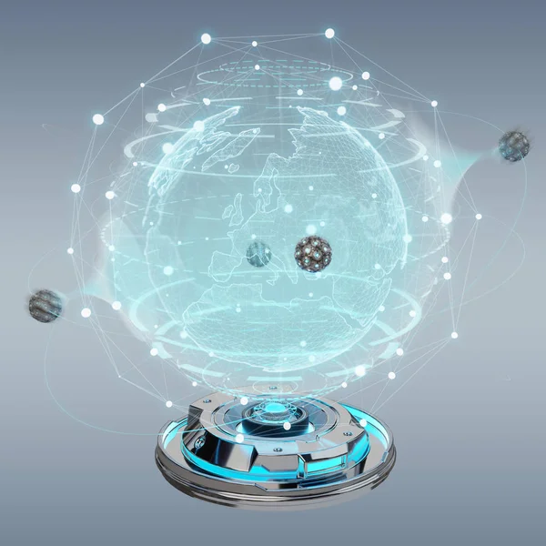 Globe network hologram projector with digital connection on grey background 3D rendering