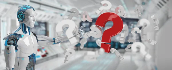 White Robot Blurred Background Using Digital Question Marks Rendering — Stock Photo, Image