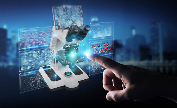 Businessman on blurred background using modern microscope with digital analysis 3D rendering