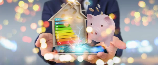 Empresário Fundo Desfocado Economizando Dinheiro Com Boa Classificação Gráfico Energia — Fotografia de Stock