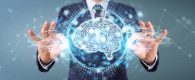 İşadamı dijital yapay zeka simgesi hologram 3B oluşturmayı kullanarak arka plan bulanık üzerinde