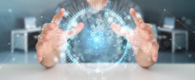 İşadamı üzerinde küre ağ hologram Avrupa ile harita 3B oluşturmayı kullanarak arka plan bulanık