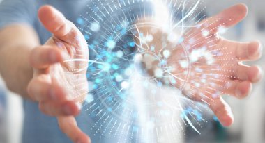 İşadamı dijital göz gözetim hologram 3B oluşturmayı kullanarak arka plan bulanık üzerinde