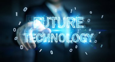 Geleceğin teknolojisi metin arabirimi 3d rendering kullanarak arka plan bulanık üzerinde işadamı