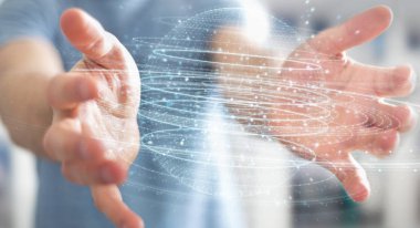 İşadamı dijital küre bağlantısı hologram 3B oluşturmayı kullanarak arka plan bulanık üzerinde