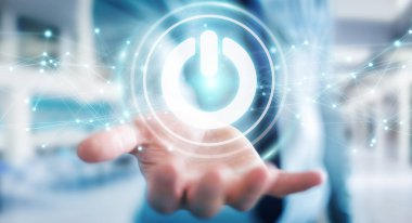 İşadamı 3d kullanarak arka plan bulanık üzerinde render güç düğmesi ile bağlantı