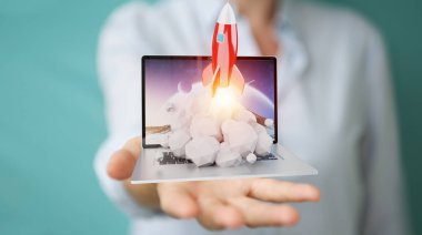 İşkadını üzerindeki bir laptop 3d render roket başlatılması ile arka plan bulanık