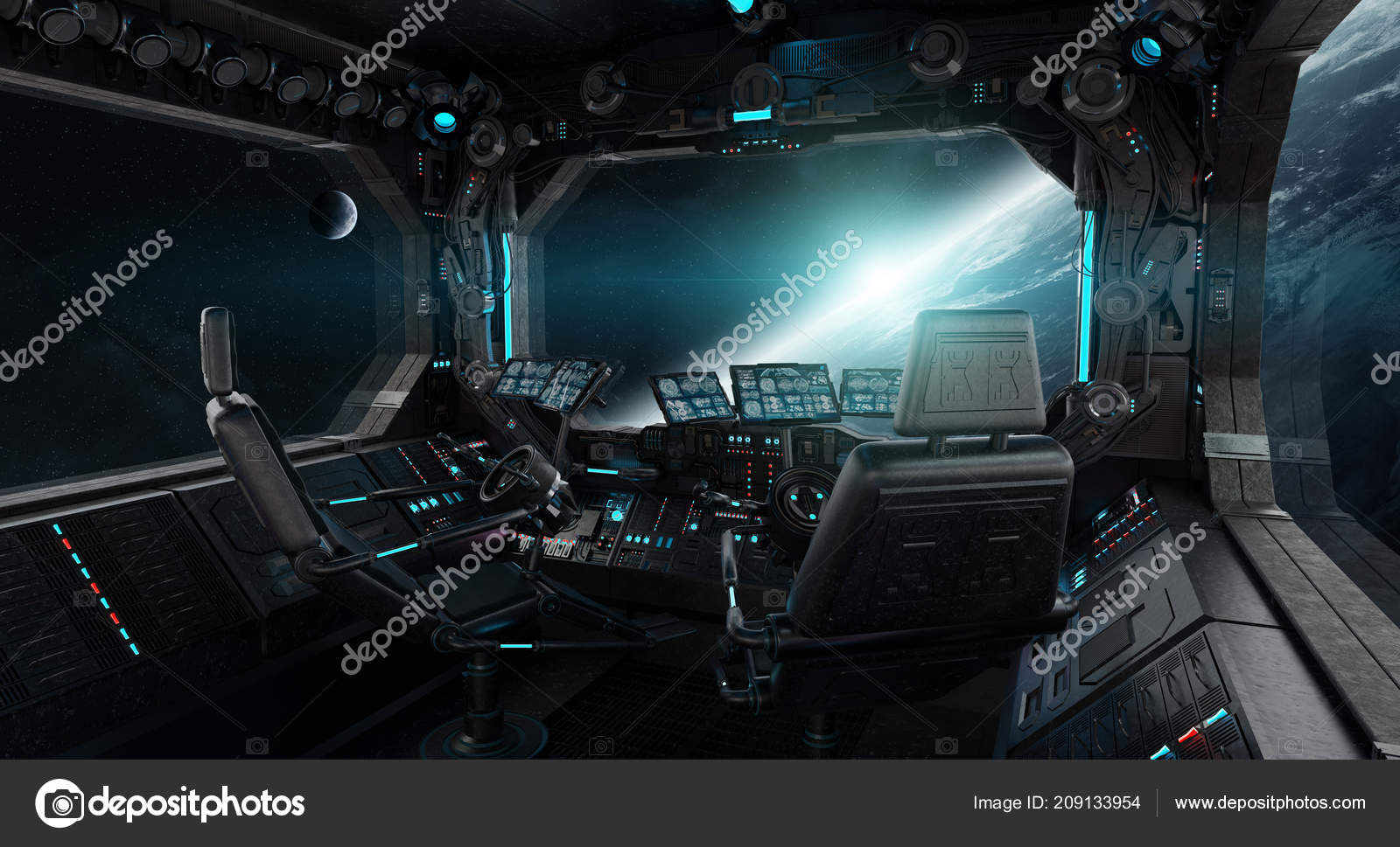 Spaceship Grunge Interior View Planet Earth Rendering