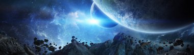 Nasa tarafından döşenmiş bu görüntünün alan 3d render öğelerindeki uzak güneş sistemindeki gezegenlerin panoramik görünüm