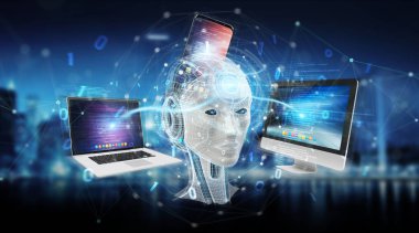 Beyaz insanımsı mavi şehir arka plan 3d render üzerinde modern cihazlarla kontrol