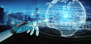 Dünya ağ hologram Europe harita 3d rendering ile kullanarak arka plan bulanık beyaz insansı el