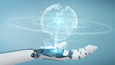Dünya ağ hologram Europe harita 3d rendering ile kullanarak arka plan bulanık beyaz insansı el