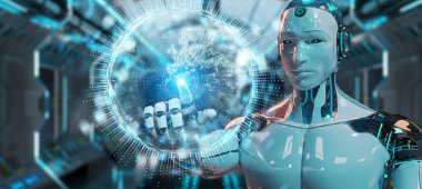 Arka plan bulanık kullanma beyaz insanımsı küre ağ hologram harita 3d render Avrupa ile